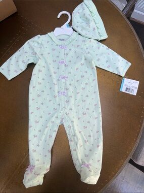 Little Me Light Green Floral Footed One-Piece with Hat